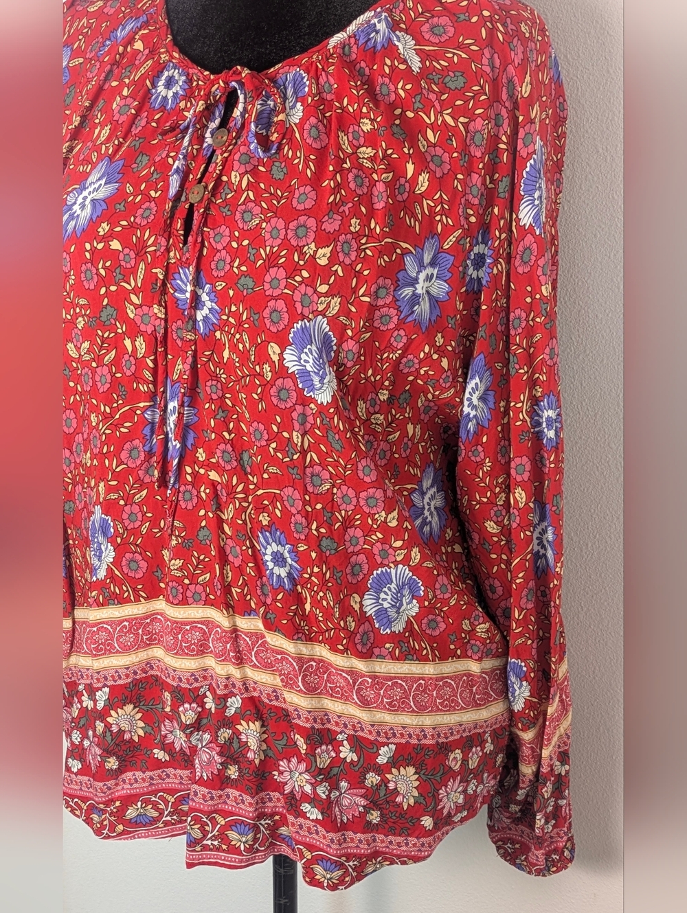Novica Womens Red Mixed Floral Print Woven Top Blouse Bohemian Long Sleeve Sz L - Picture 4 of 11